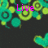 Animated icon with teal and yellow circular patterns on black background, displaying sequential text: Live, Laugh, Love.