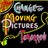 Pixelated static image with stylized text 'Moving Pictures' in yellow and white, surrounded by abstract shapes and colors including green, red, and orange.