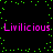 Pixelated text "Livilicious" repeated twice in pink on black background with green dot pattern.