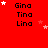 Red background with repeated 'Gina Tina Lina' text and scattered white and pink stars, one gray rectangle in bottom-right corner.