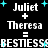 Pixelated text displays 'Juliet + Theresa = BESTIESS' with cyan stars on black background, showing animation changes in the equals sign and exclamation mark.