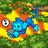 Pixelated blue monkey with gray tail and white eye patch on green foliage background, surrounded by yellow-orange flame-like shapes.