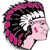 Pixelated circular icon shows a stylized face with black hair, pink accents, and a white star on the forehead, set against a white background.