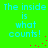 Green background with cyan text reading 'The inside is what counts!' and scattered red dots in four repeated
