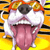 Pixelated close-up of a dog's face with tongue out, mouth open, and teeth visible against a striped background.