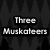 Two side-by-side pixelated text displays reading 'Three Musketeers' against a dark patterned background, with the right version having brighter white outlines.