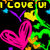 Pixelated digital artwork with neon-colored hearts and text phrases on a black background, featuring multiple repeated elements.