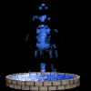 Animated fountain with blue water jets rising from a circular stone basin against a black background.