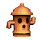 Pixelated orange fire hydrant icon with two side nozzles, black circular eyes and mouth, one arm raised in a wave gesture against white background.