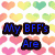 Four quadrant of pixelated text over heart-patterned backgrounds with names listed in each section