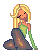 Pixelated character with blonde hair and green top stands beside green text reading 'Hugs n kisses' on white background.