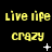 Yellow pixelated text 'live life' and 'crazy' repeated across a black background with scattered white star-like dots, some frames showing additional small white dots.