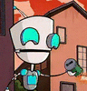 Animated robot character with white head, cyan eyes and chest , holding green cylindrical object against house background