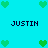 Static pixel art image with cyan background, green heart icons, and repeated text 'JUSTIN' in dark blue pixelated font.