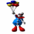 A cartoon clown in blue overalls and red shoes holds a cluster of multicolored balloons while standing against a white background.