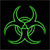 Green pixelated biohazard symbol on black background with three curved arms radiating from central circle.