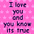 Pink background with white star pattern and repeated dark blue text reading "I love you and you know its true" in pixelated font.