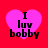 Four identical pink heart-shaped icons with black text "I luv bobby" on a red background, arranged in a