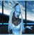 Pixelated image of a person holding a guitar against a blue and white background with vertical dark shapes.