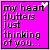 Animated contact sheet of 17 frames showing a pink background with black text "my heart flutters just thinking of you..." and small white hearts appearing/disappearing in different positions across frames.