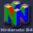 Pixelated icon with a large blue and green 'N' symbol featuring red accents, yellow star-like shapes on top, and gray borders against dark background.