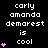 Pixelated text reads 'carly amanda demarest is cool' with pink heart symbols in a on black background