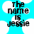 Pixelated text reads "The name is Jessie" over a bright blue background with white cloud shapes.