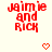 Red pixelated text "jaimie and RICH" on light background with animated heart and arrow symbols above the text in different positions.