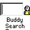Pixel art contact sheet showing two frames of an animated buddy icon with a stick figure character and 'Buddy Search' text.