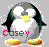 Pixelated penguin icon with gray body, black wings, yellow beak and feet, pink text 'Casey' below, white sparkles on light gray background.