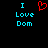 Pixelated text 'I Love Dom' in cyan with a red heart symbol above the word 'Love', displayed on black background.