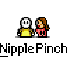 Animated contact sheet of 12 pixel art frames showing two stick figures interacting with repeated text labels and varying expressions across sampled frames.