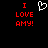 Red pixelated text "I LOVE AMY!" on black background with white heart symbol above text.
