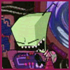 Green-skinned cartoon character with sharp teeth and narrowed eyes, holding a black object against a purple circuit-patterned background.
