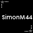 Pixelated text 'SimonM44' repeated across black background with animated star and dot patterns.