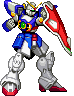 Four pixel-art mecha poses with blue, white, and red armor; green chest sensor; yellow accents; red-and-white shield; gray background.