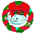 Pixelated circular icon with green wreath, red bow, and holly; four variations show different facial expressions on a light blue character.