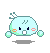 A 4-frame pixel art contact sheet of a light blue cartoon character with green accents, showing facial expression changes across frames on a gray background.