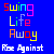 Pixelated text on blue background: 'Swing' in red-yellow-green-cyan-pink, 'Life' in yellow-green-purple-pink, 'Away' in orange-gray-red-yellow, and 'Rise Against' in white.