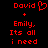 Red pixelated text on black background with 'David' having a heart symbol replacing the letter O, plus Emily comma Its all i need below.