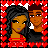 Pixel art buddy icon featuring two cartoon characters framed by red hearts with text reading "Made at IconFun.com" on a black background.