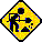 Yellow diamond-shaped warning signs with black silhouettes of a person holding a shovel and another figure, arranged in a pattern