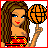 A 4x3 contact sheet of pixel art frames showing a cartoon woman with long brown hair holding an orange basketball, wearing a red strapless top with yellow stars, and displaying various facial expressions across sampled animation frames.