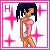 Pixel art of a female character in pink outfit with blue hair, standing against white background with pink stars and changing letters.