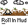Animated contact sheet showing a yellow stick figure rolling in mud across multiple frames with repeated text "Roll In Mud" and cloud background elements.