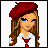 Pixel art buddy icon featuring a female character with red beret and white shirt, alongside text elements on a light blue background.