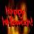 Red text reading 'happy halloween!' appears over a black background with orange-yellow flames, displayed in a of six identical