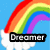 Pixelated rainbow arches over white clouds against a light blue background, with 'Dreamer' text in black and white below.