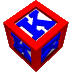Red cube with blue K letters on white faces, rotating through multiple angles against gray background.