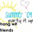 A static digital image with four distinct text and graphic sections featuring summer and friendship themes, including a sun, heart, and colorful lettering.